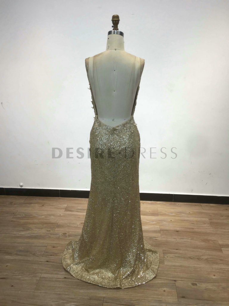 Sexy Gold Spaghetti Lace Applique Prom Glitter Dress