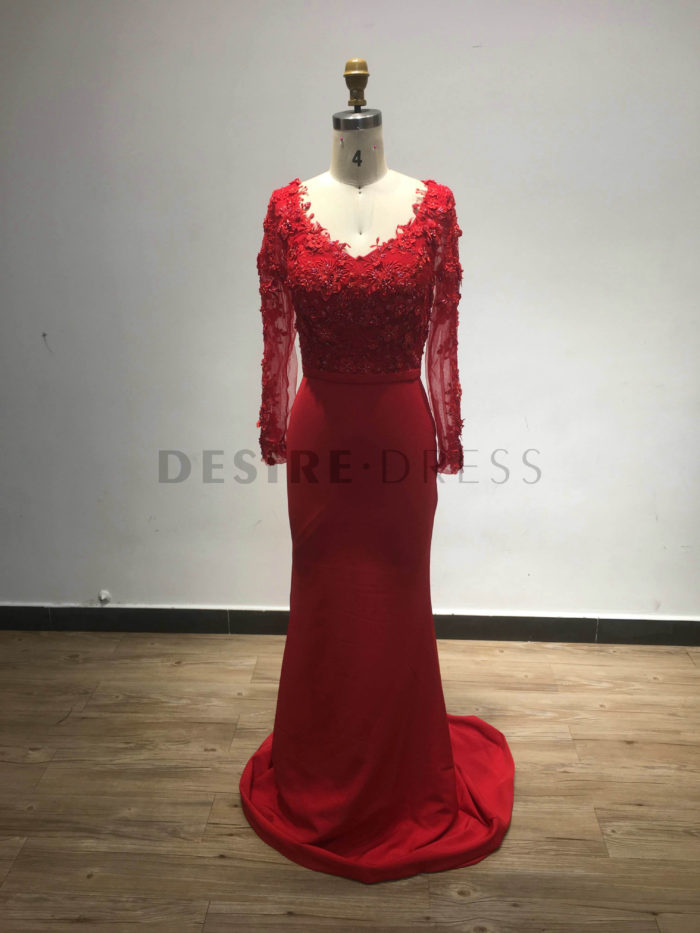 Beautiful-Red-V-Neck-Lace-Appliqued-Bodice-Mermaid-Dress-DYL023-1