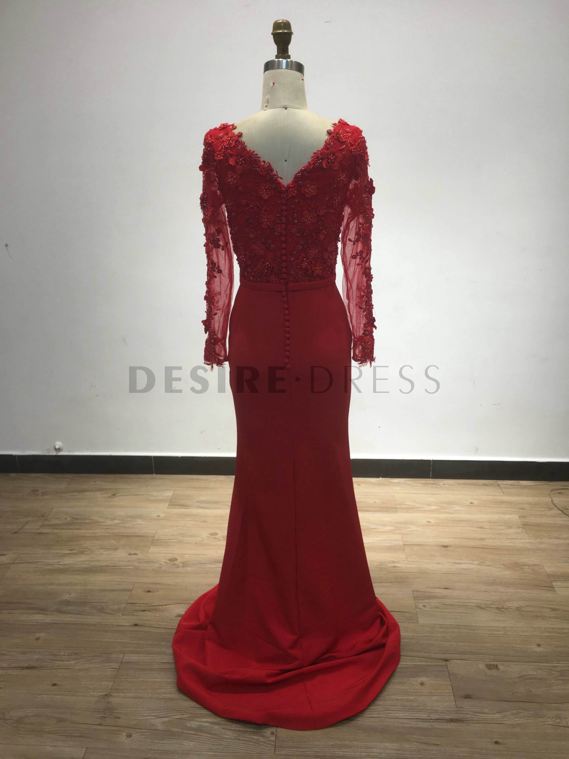 Beautiful-Red-V-Neck-Lace-Appliqued-Bodice-Mermaid-Dress-DYL023-2