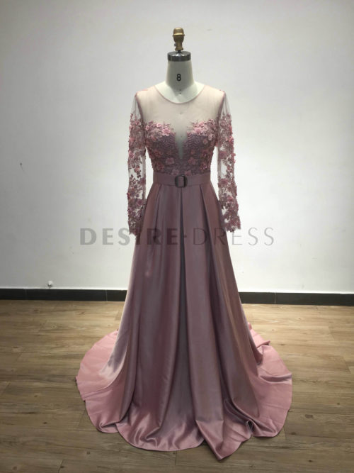 Wholesale-Sheer-Long-Sleeve-Lace-Appliqued-A-Line-Long-Sleeve-Dress-With-Overskirt-IRA132-3