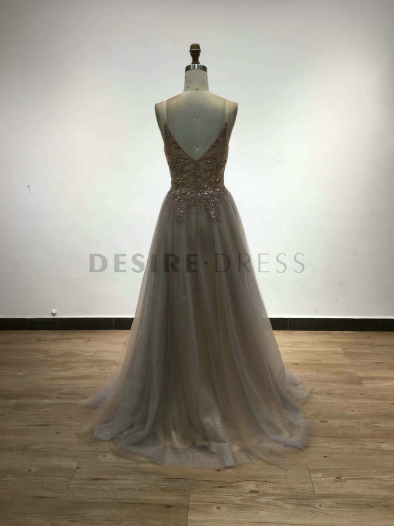 Sexy Spaghetti Straps Lace Applique Beaded Flowy Prom Dress