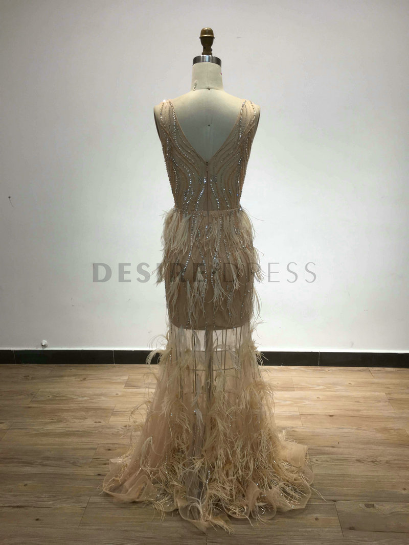 Cute Plunging Neck Feather Accented Prom Couture Dress