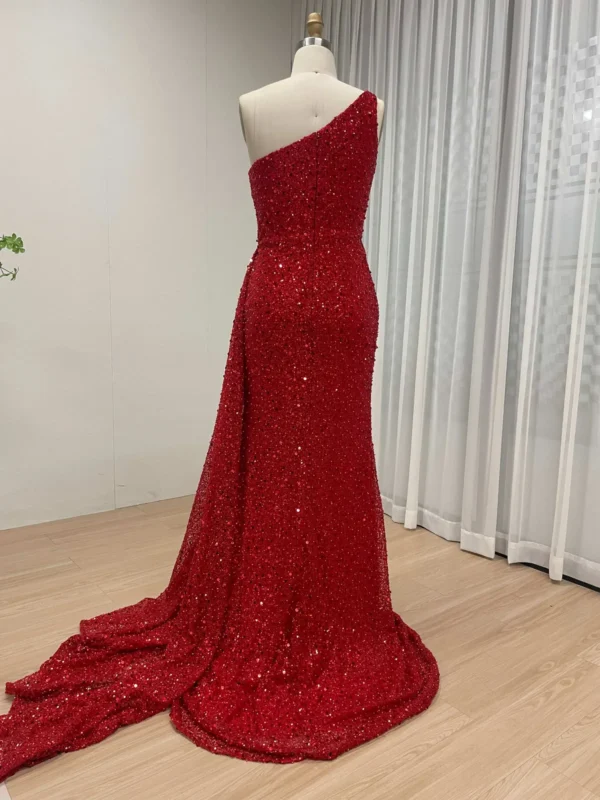 Dazzling Red Sequin One Shoulder Evening Gown With Dramatic Train MY30143 - 图片 5