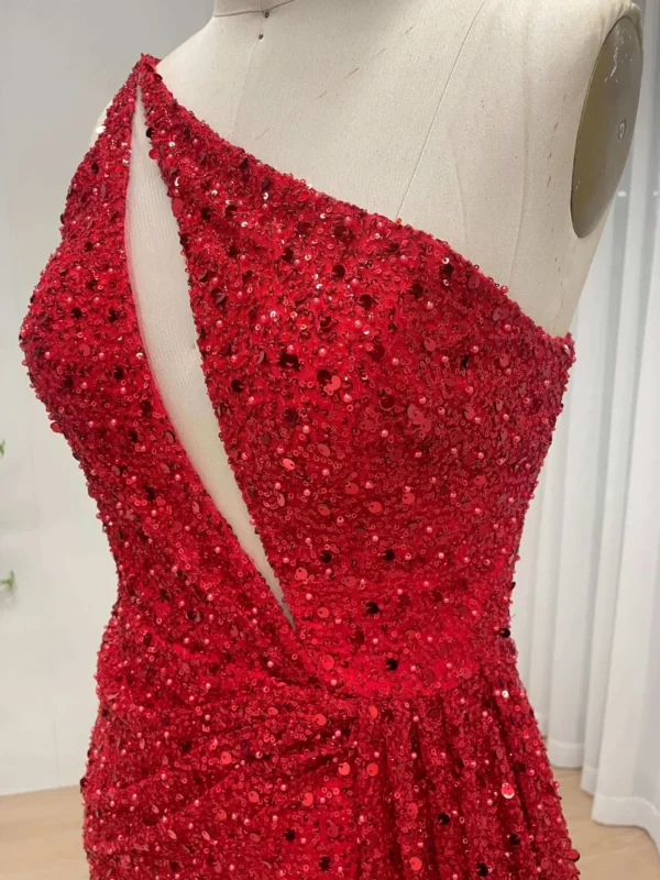 Dazzling Red Sequin One Shoulder Evening Gown With Dramatic Train MY30143 - 图片 4