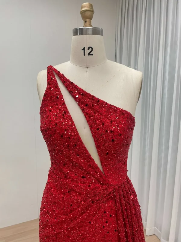 Dazzling Red Sequin One Shoulder Evening Gown With Dramatic Train MY30143 - 图片 3