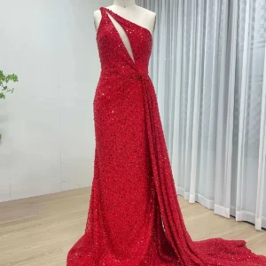 Dazzling Red Sequin One Shoulder Evening Gown With Dramatic Train MY30143