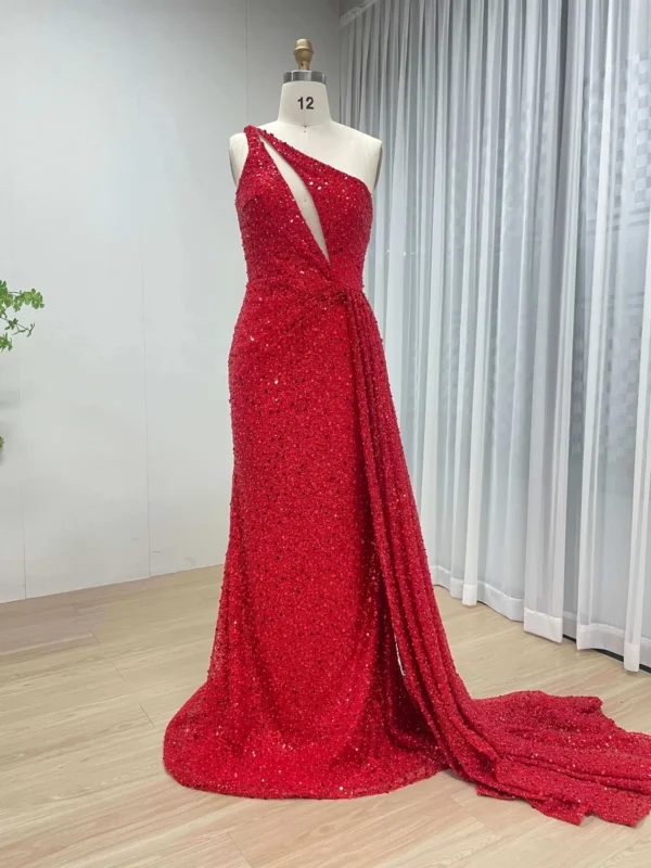 Dazzling Red Sequin One Shoulder Evening Gown With Dramatic Train MY30143