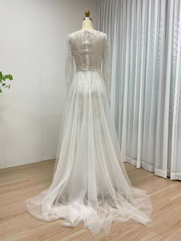 Elegant Beaded Long Sleeve Wedding Gown with Illusion Tulle MY20004-2 - 图片 4