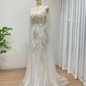 Elegant Beaded Long Sleeve Wedding Gown with Illusion Tulle MY20004-2