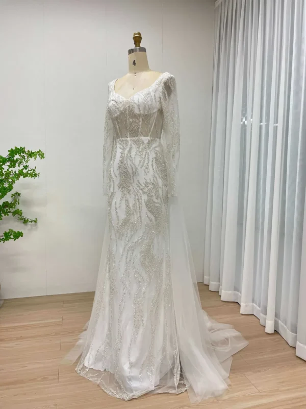Elegant Beaded Long Sleeve Wedding Gown with Illusion Tulle MY20004-2