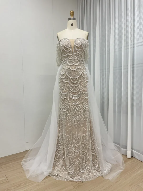 Beaded Mermaid Gown with Off-the-Shoulder Detail and Detachable Train MY30068-2