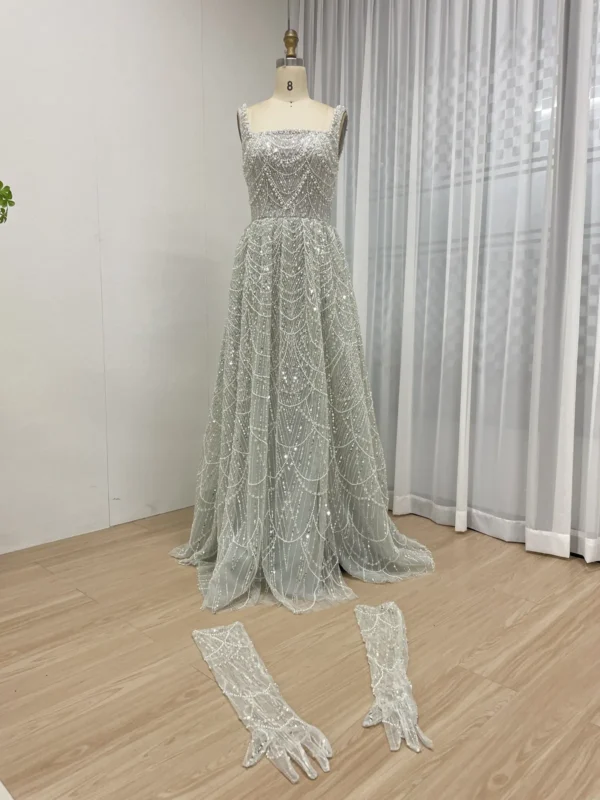 Elegant Beaded A-Line Gown with Square Neckline and Matching Gloves MY30142 - 图片 5