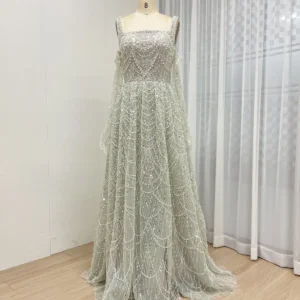 Elegant Beaded A-Line Gown with Square Neckline and Matching Gloves MY30142