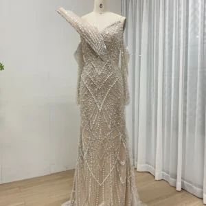 Glamorous Beaded Mermaid Gown with Asymmetrical Draped Shoulder Detail MY30139