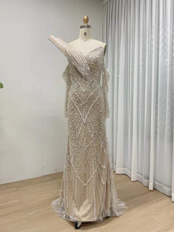 Glamorous Beaded Mermaid Gown with Asymmetrical Draped Shoulder Detail MY30139