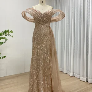 Glamorous Sequin Mermaid Gown with Draped Off-the-Shoulder Detail and Train MY30125