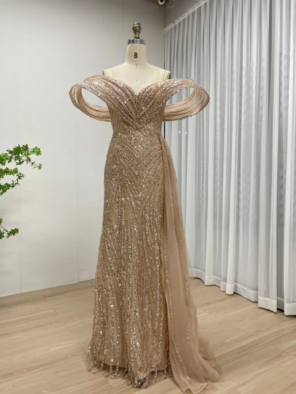 Glamorous Sequin Mermaid Gown with Draped Off-the-Shoulder Detail and Train MY30125