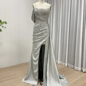 Glamorous Beaded & Satin Asymmetrical Gown With High Slit MY30050-2