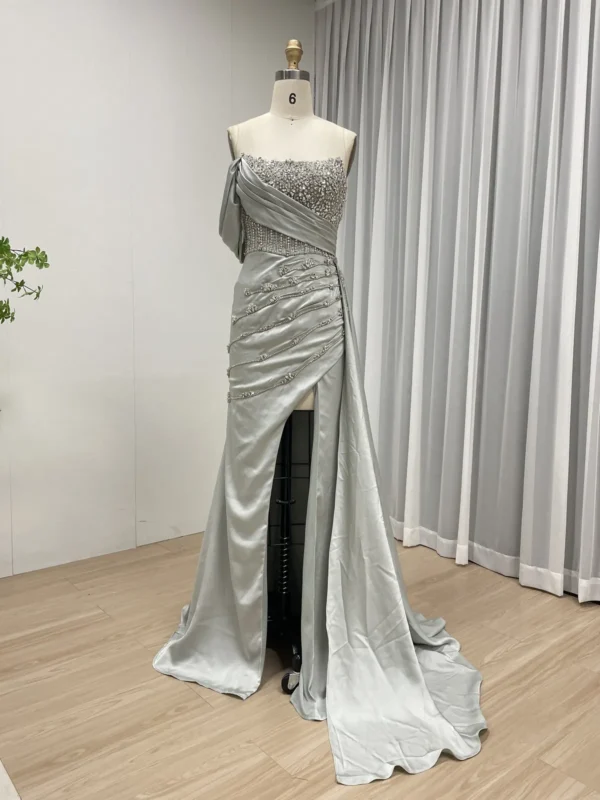 Glamorous Beaded & Satin Asymmetrical Gown With High Slit MY30050-2