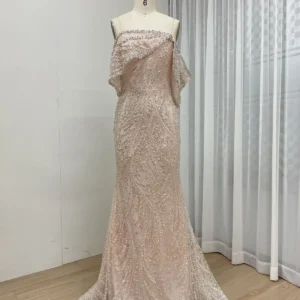 Blush Pink Beaded Mermaid Gown With Draped Off-the-Shoulder Detail MY30141