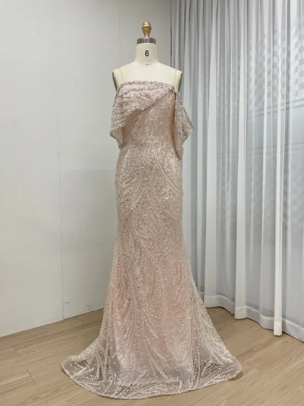 Blush Pink Beaded Mermaid Gown With Draped Off-the-Shoulder Detail MY30141