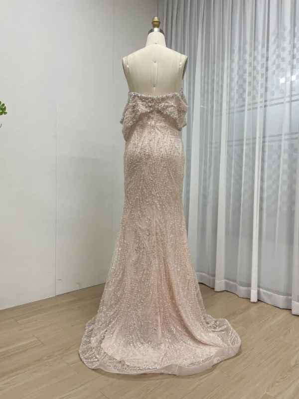 Blush Pink Beaded Mermaid Gown With Draped Off-the-Shoulder Detail MY30141 - 图片 5