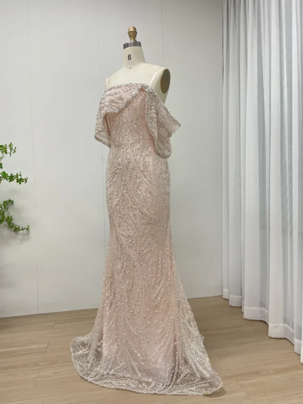 Blush Pink Beaded Mermaid Gown With Draped Off-the-Shoulder Detail MY30141 - 图片 2