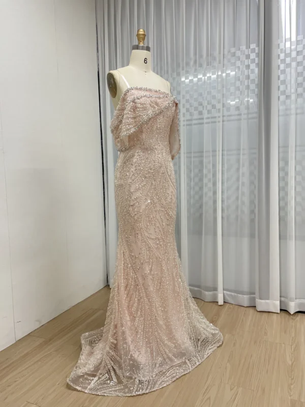 Blush Pink Beaded Mermaid Gown With Draped Off-the-Shoulder Detail MY30141 - 图片 4