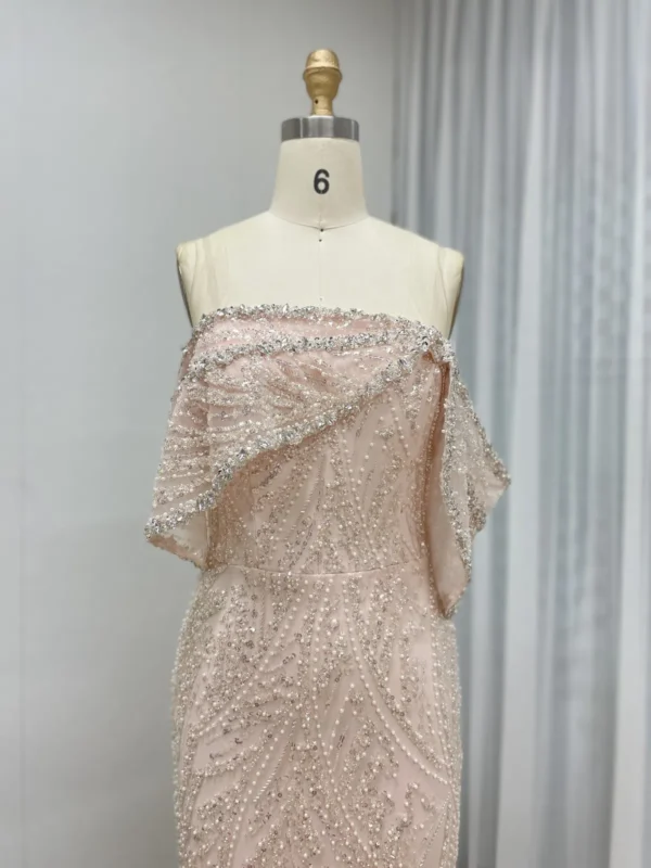 Blush Pink Beaded Mermaid Gown With Draped Off-the-Shoulder Detail MY30141 - 图片 3