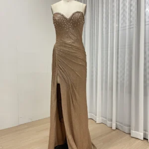 Glamorous Gold Glitter Strapless Gown with High Side Slit MY30145