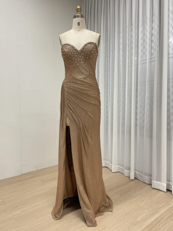 Glamorous Gold Glitter Strapless Gown with High Side Slit MY30145