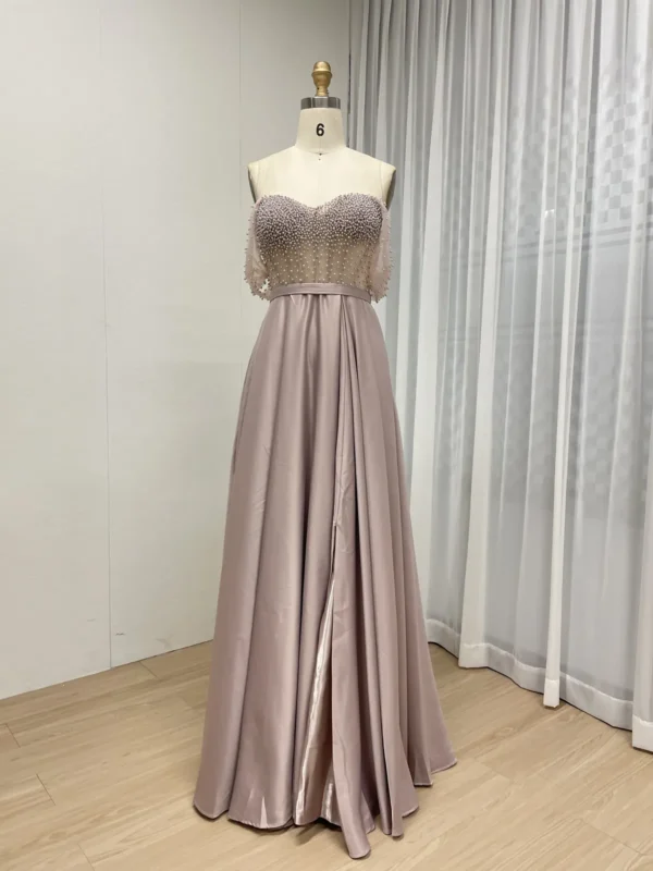 Blush Beaded Mermaid Gown With Draped Off The Shoulder Bodice MY30150