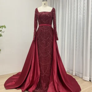 Burgundy Beaded Gown With Detachable Satin Overskirt And Long Sleeves MY30153
