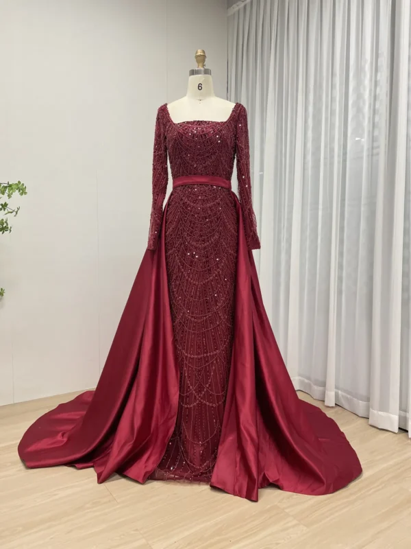 Burgundy Beaded Gown With Detachable Satin Overskirt And Long Sleeves MY30153