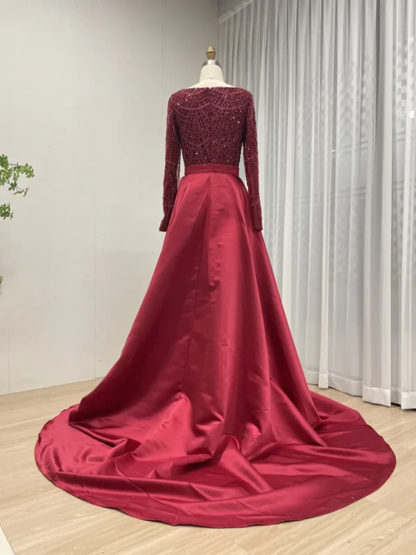 Burgundy Beaded Gown With Detachable Satin Overskirt And Long Sleeves MY30153 - 图片 6