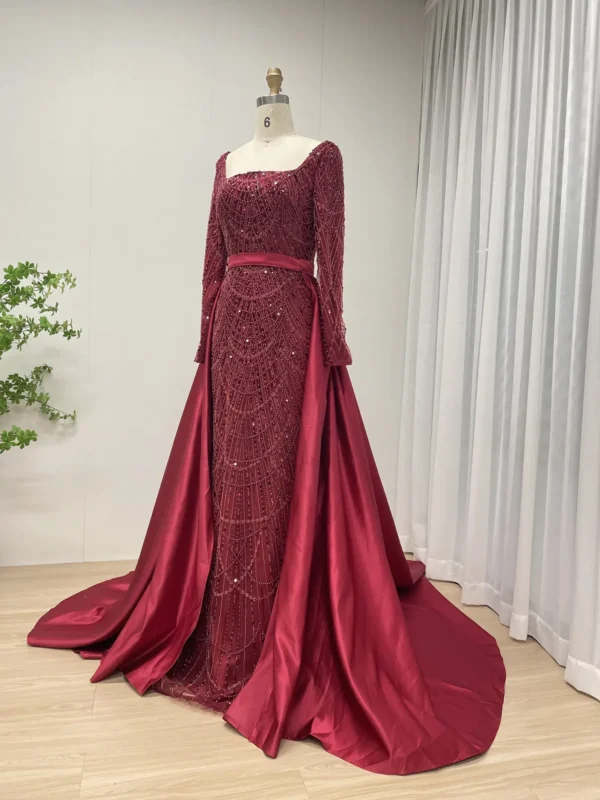 Burgundy Beaded Gown With Detachable Satin Overskirt And Long Sleeves MY30153 - 图片 2