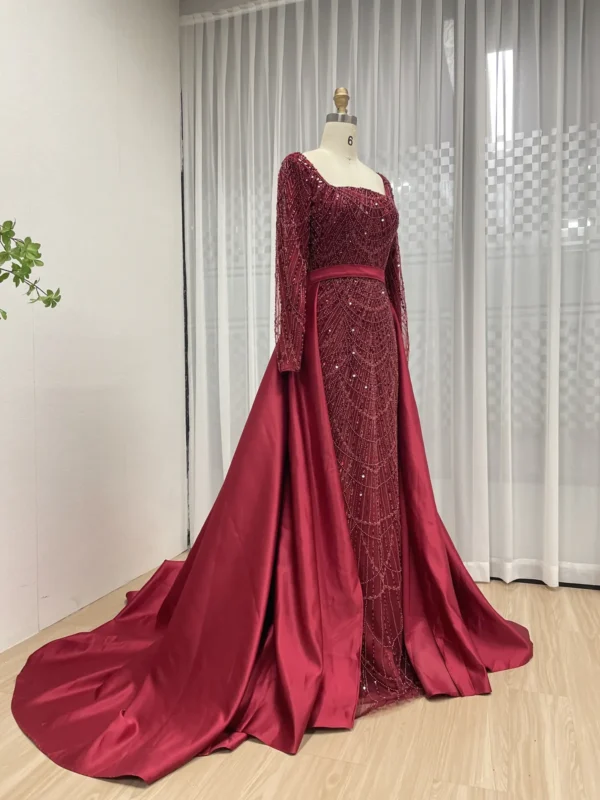 Burgundy Beaded Gown With Detachable Satin Overskirt And Long Sleeves MY30153 - 图片 5