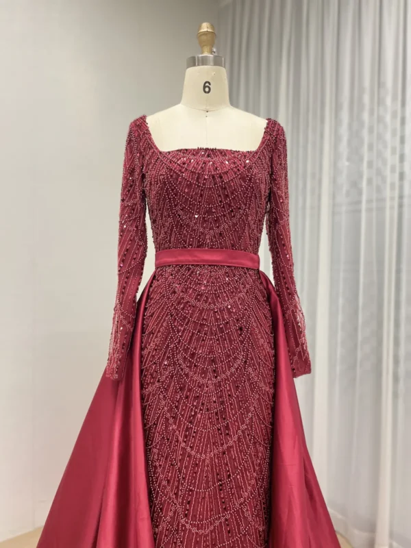 Burgundy Beaded Gown With Detachable Satin Overskirt And Long Sleeves MY30153 - 图片 3