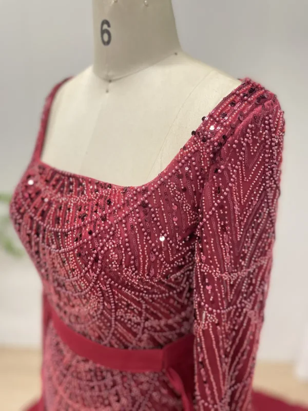 Burgundy Beaded Gown With Detachable Satin Overskirt And Long Sleeves MY30153 - 图片 4