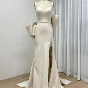 Modern Satin Mermaid Gown with High Slit and Dramatic Back Bow MY30132-2