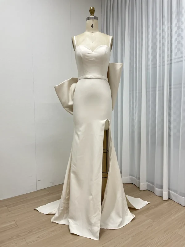 Modern Satin Mermaid Gown with High Slit and Dramatic Back Bow MY30132-2