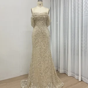 Sparkling Sequin Sheath Evening Dress with Delicate Off-Shoulder Overlay MY30100-2