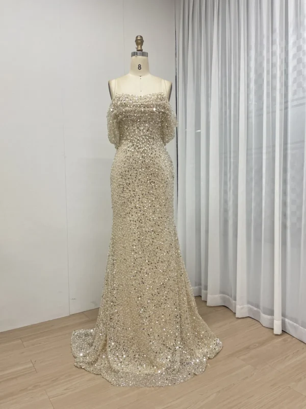 Sparkling Sequin Sheath Evening Dress with Delicate Off-Shoulder Overlay MY30100-2