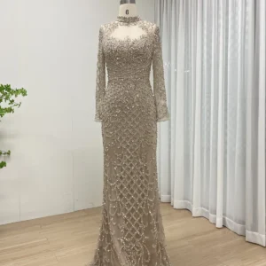 Elegant Nude Beaded Gown With High Neck & Long Sleeves MB40299