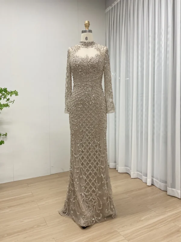 Elegant Nude Beaded Gown With High Neck & Long Sleeves MB40299