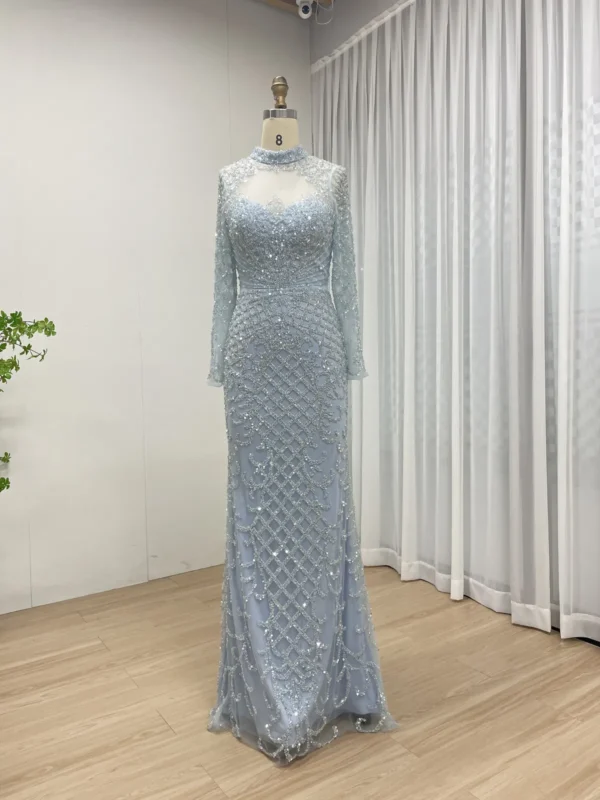 Elegant Nude Beaded Gown With High Neck & Long Sleeves MB40299 - 图片 4
