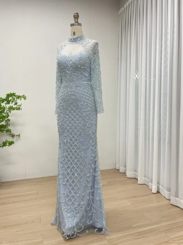 Elegant Nude Beaded Gown With High Neck & Long Sleeves MB40299 - 图片 6