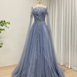 Blue Off-Shoulder Gown With Beaded Bodice & Flowing Tulle Skirt MB40300