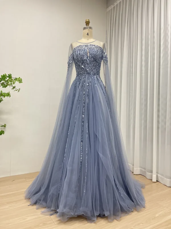 Blue Off-Shoulder Gown With Beaded Bodice & Flowing Tulle Skirt MB40300