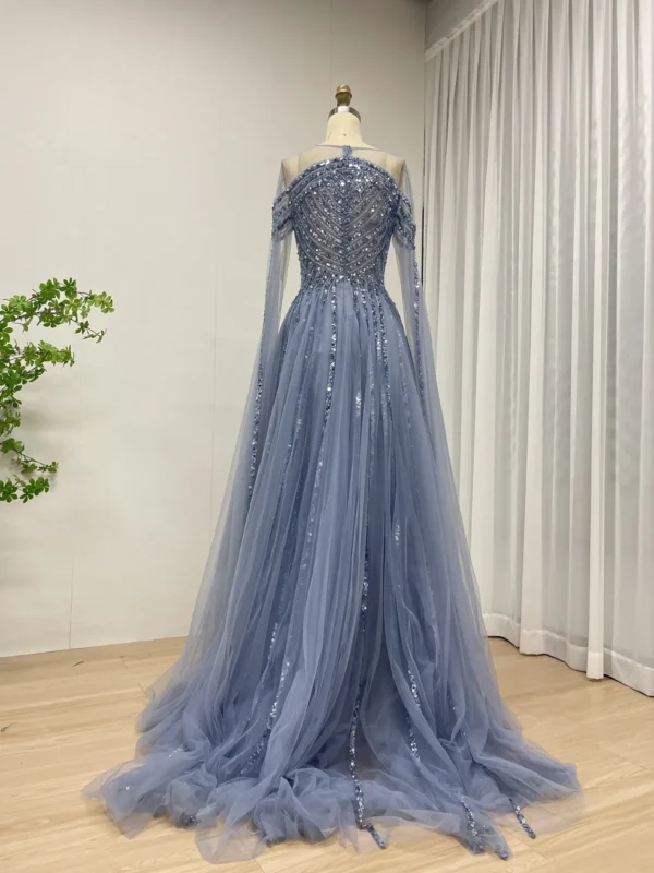 Blue Off-Shoulder Gown With Beaded Bodice & Flowing Tulle Skirt MB40300 - 图片 4